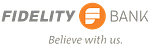 Fidelity Bank logo with an orange circular emblem and the slogan Believe with us.