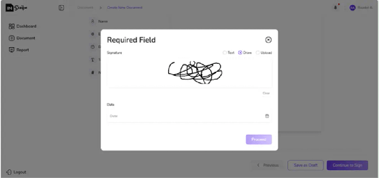 Modal titled 'Required Field' featuring a signature canvas with scribbled marks, a date field, and a Proceed button; blurred background of a document editor.