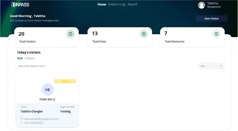 Overview dashboard showing visitor management stats: 20 total visitors, 13 total visits, and 7 total deliveries with a search field and visitor/filter controls.