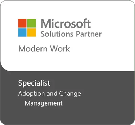 Microsoft Solutions Partner Modern Work badge with 'Specialist' in dark gray panel, 'Adoption and Change Management' text below