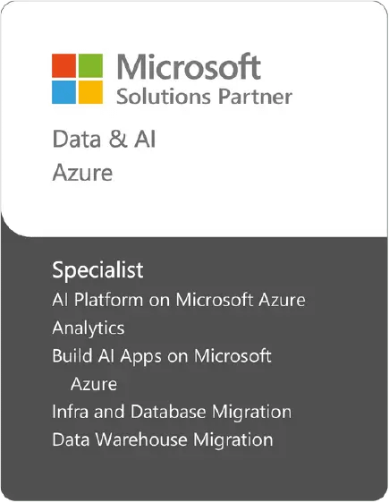 Microsoft Solutions Partner badge for Data & AI on Azure, with Specialist areas: AI Platform, Analytics, AI Apps on Azure, Infra/DB Migration, Data Warehouse Migration