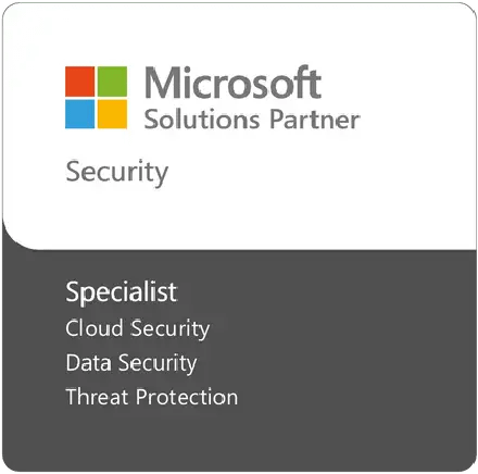 Microsoft Solutions Partner Security badge showing Specialist in Cloud Security, Data Security, and Threat Protection.