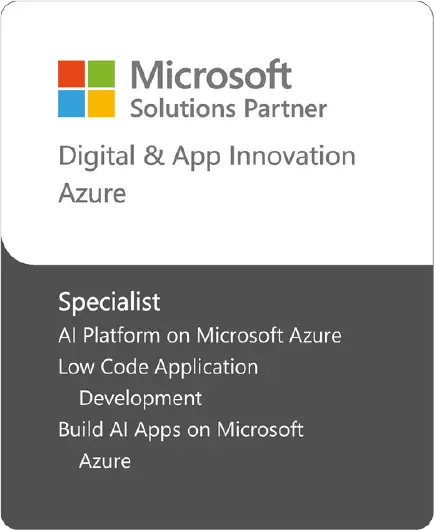 Microsoft Solutions Partner badge with 'Digital & App Innovation Azure' and a list of specialist areas: AI Platform on Microsoft Azure, Low Code Application Development, Build AI Apps on Microsoft Azure.