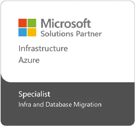 Microsoft Solutions Partner badge for Infrastructure on Azure; Specialist in infrastructure and database migration.