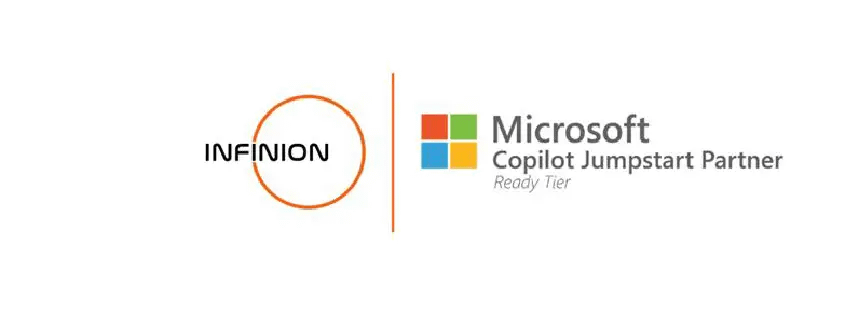 Logo banner: orange circular emblem with 'INFNION' on the left and a vertical orange line, next to 'Microsoft Copilot Jumpstart Partner Ready Tier' badge on the right.
