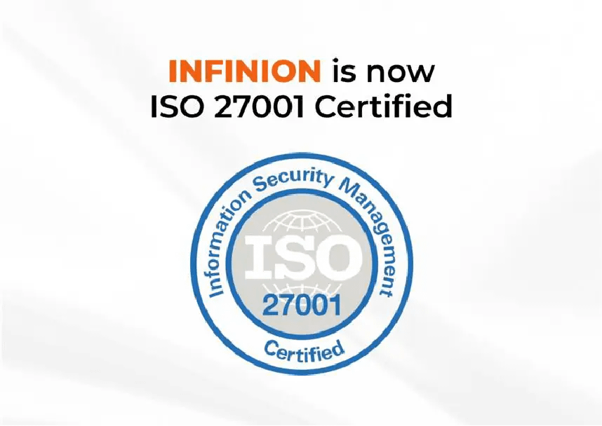 Infinion is now ISO 27001 certified, with the ISO badge below the text.
