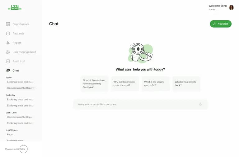 Chat dashboard with left navigation, 'New chat' button, and a mascot illustration in the center.