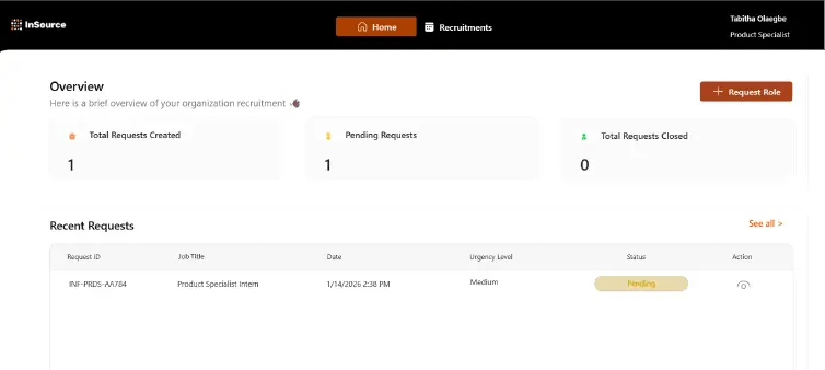 Company recruitment dashboard: navigation bar with InSource logo, Home, Recruitment, and user name; overview cards show 1 total requests created, 1 pending, 0 closed; a Recent Requests table lists one entry: INF-PRDS-AA784 for Product Specialist Intern, dated 1/14/2026 2:58 PM, Urgency Medium, Status Pending, with an action icon.