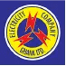 Circular badge on a blue background: yellow ring surrounding a red triangle and blue star with Cyrillic text around the edge.